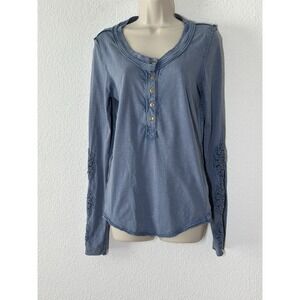 We The Free Henley Top Womens Large Blue Crochetd Sleeves Boho Festival